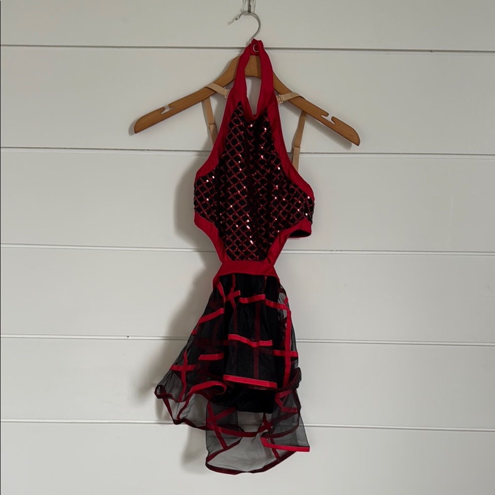 Red and Black Sequin Halter Dance Costume